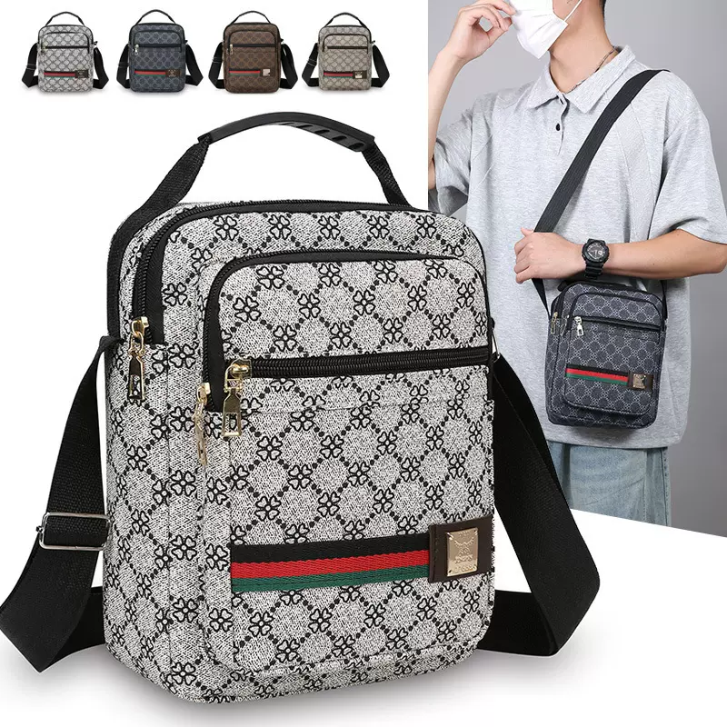 潮时尚印花男士单肩包轻奢质感百搭通勤手提包多层休闲简约斜挎包