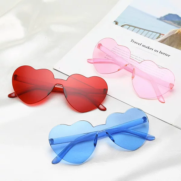 One-Piece Heart-Shaped Sunglasses, Heart-Shaped Sunglasses, Jelly-Colored Rimless Heart-Shaped One-Piece Glasses, Dazzling Color Glasses