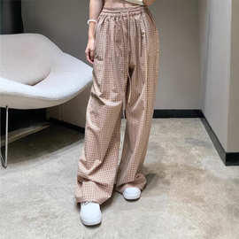 2025早春新款南油miu时尚气质百搭显瘦格子松紧腰阔腿休闲长裤女