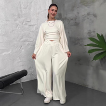 欧美亚马逊外贸女装2025秋季新款圆领长袖纯色阔腿裤设计感套装女
