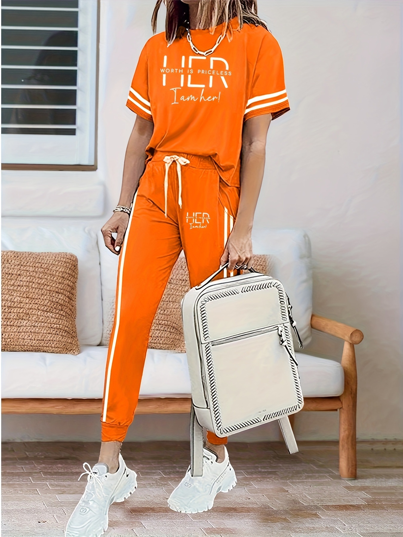 Women's Two Piece Pant Set Round Neck Short Sleeve Summer Outfit_voghion.com