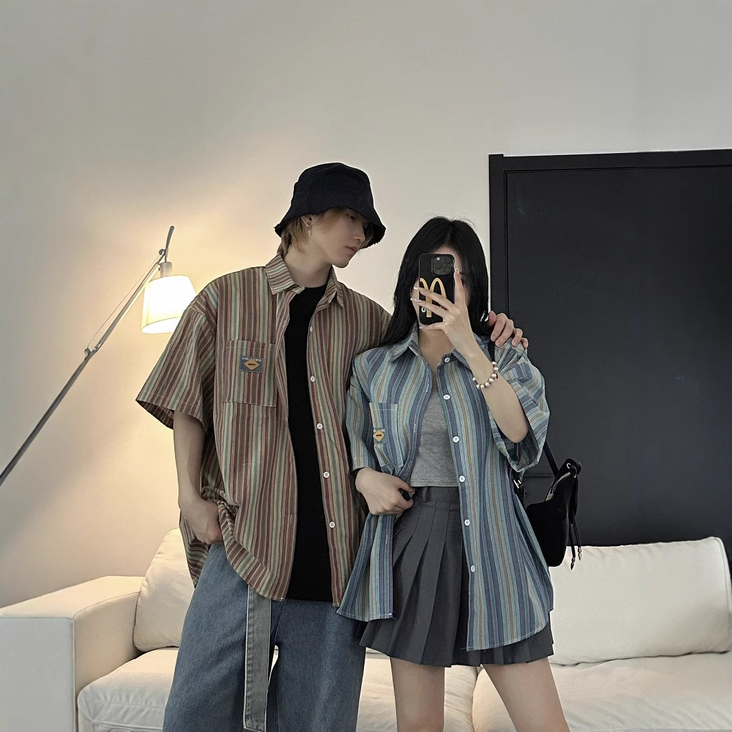 Hepburn Style 2025 Summer New Couple's All-match Retro Niche Design Irregular Striped Shirt for Men and Women