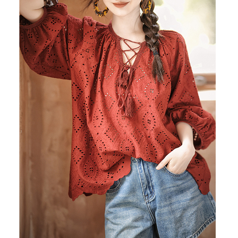 Bohemian Style Age-Reducing Red Shirt Women's Summer New 2025 High-End Pullover Long-Sleeved Top