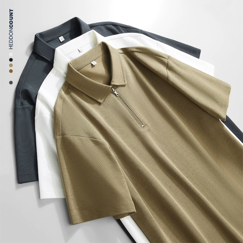 Легкая экстравагантная хлопчатобумажная текстура 220 г лацкана с короткими рукавами футболка мужская летняя новая свободная повседневная куртка на молнии