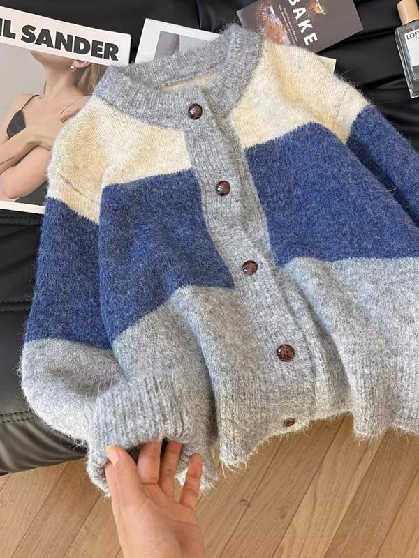 韩系撞色条纹毛衣外套秋冬新款复古慵懒风设计感百搭针织开衫上衣|undefined