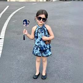 女宝宝夏季套装2025新款女童中国风旗袍碎花背心短裤两件套
