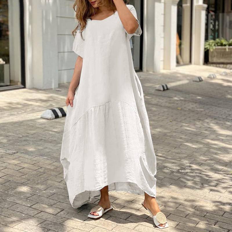 Women's A-line Skirt Casual V Neck Patchwork Short Sleeve Solid Color Maxi Long Dress Daily display picture 3