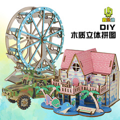 Premium quality wooden 3D puzzle model of a Hummer cutting small house building and Ferris wheel, direct from the manufacturer