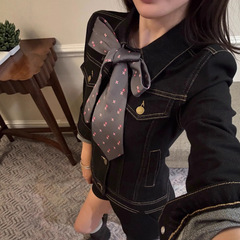 【千禧】复古修身原牛软牛仔外套女秋季新款黑色短款夹克