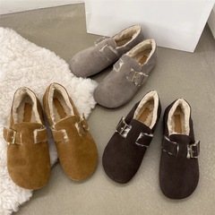 牛皮勃肯鞋加絨圓頭博肯鞋女一腳蹬單鞋懶人毛毛鞋包頭單鞋女外穿