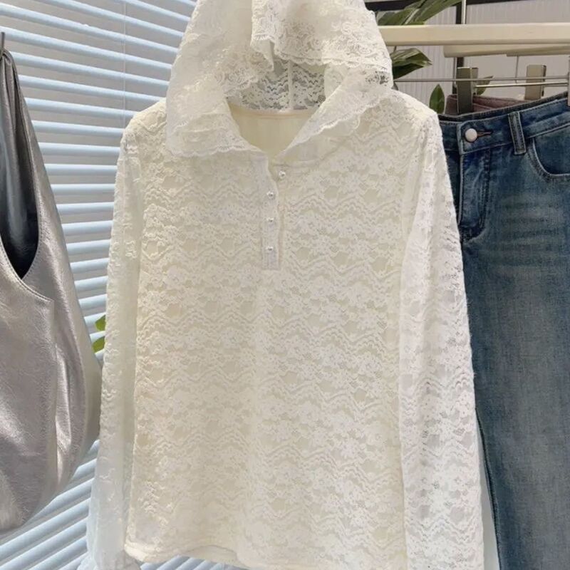 Hooded Sun Protection Chiffon Thin Transparent Cut Out Crochet V Neck Shirt Women's Spring and Summer Lace Shirt Layered Long-Sleeved Top