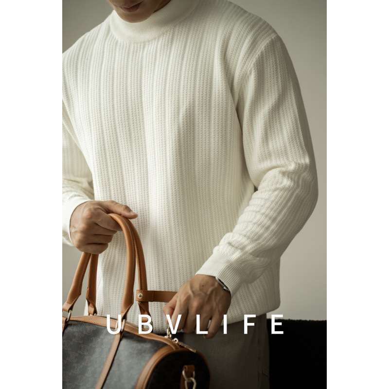 American 14-Needle Wave Texture Small Mid-Collar Knitwear Men's New 2025 Winter Warm Half-High Knitwear Bottoming Shirt