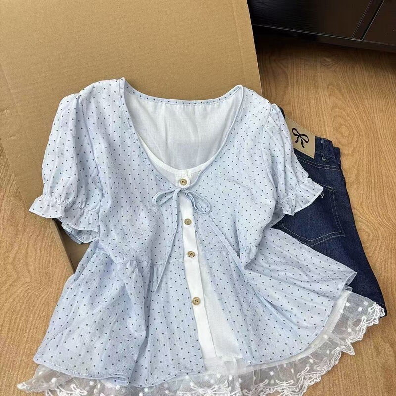 White thin polka dot faux two-piece short-sleeve shirt for women, summer lace trim, tie-dye, buttoned puff sleeve top White thin polka dot faux two-piece short-sleeve shirt for women, summer lace trim, tie-dye, buttoned puff sleeve top