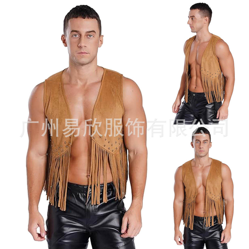 Fringed Vest Men's Imitation Suede Front Open Vintage Vest Sleeveless 70 s Bohemian West Jacket