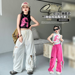 女童背心上衣工裝褲兩件套2024夏季新款女孩無袖T恤長褲子套裝潮T