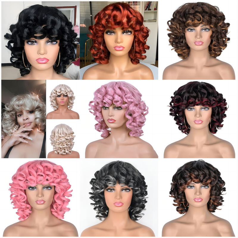 Cross-Border European and American Women's Wigs, Multi-Color Optional African Small Curls, Large Curls, Short Curly Hair Chemical Fiber Headgear, Ready for Sale Cross-Border European and American Women's Wigs, Multi-Color Optional African Small Curls, Large Curls, Short Curly Hair Chemical Fiber Headgear, Ready for Sale
