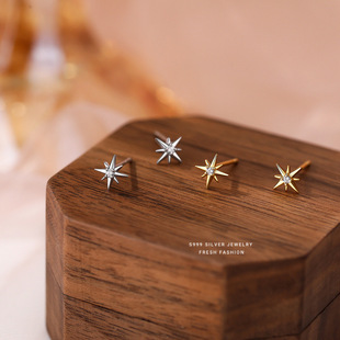 Authentic s999 foot silver zircon eight mans star earrings women's light luxury high-grade all-match temperament niche personality geometric symmetry