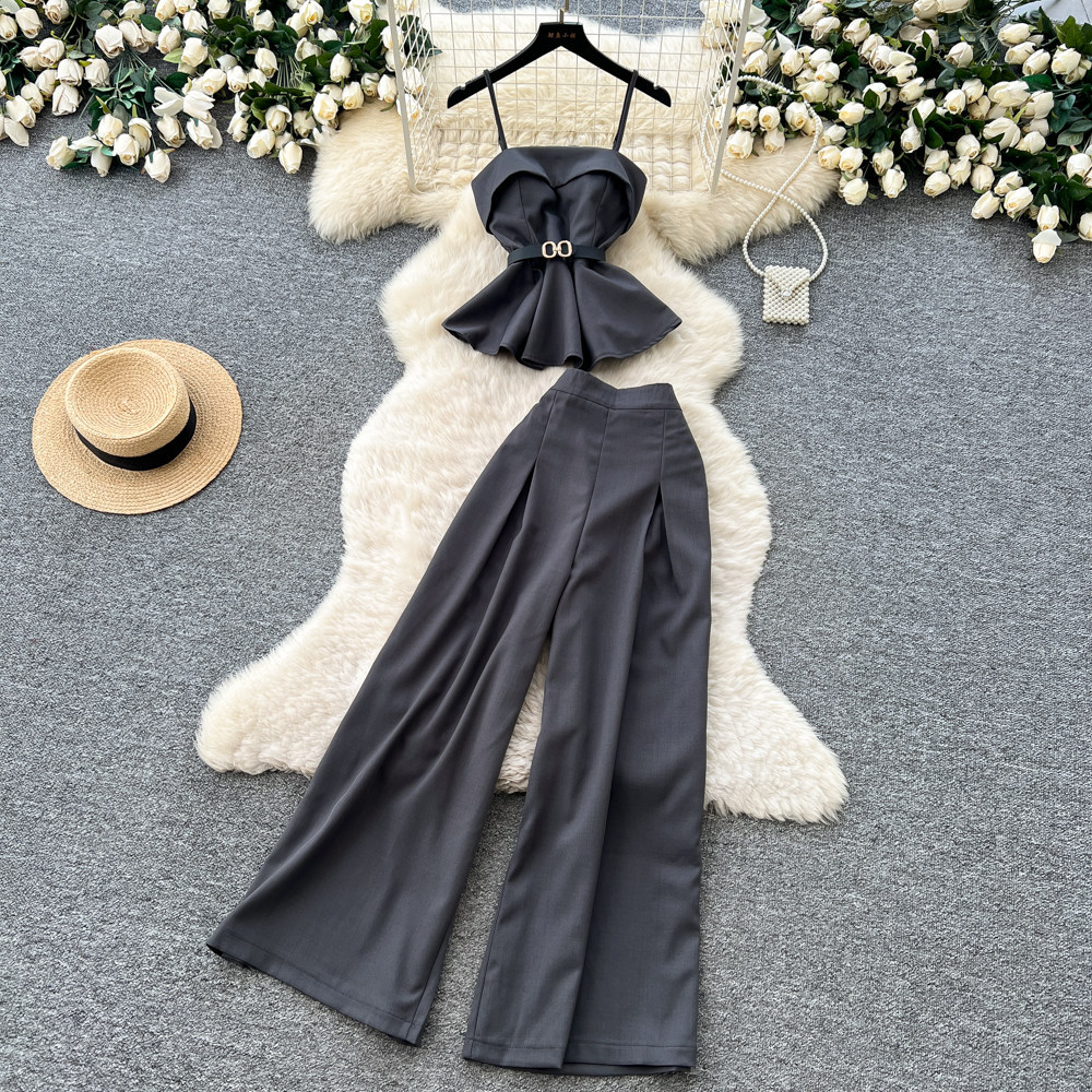 Minimalist Style Women's Commuter Suit Spring Summer High End Two Piece Set Camisole Fitted Waist Vest High Waisted Wide Leg Pants_voghion.com