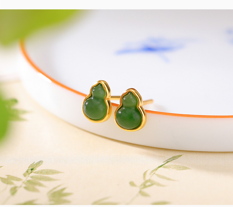 Bông tai bạc S925 mạ vàng đính ngọc bích jasper phong cách retro đơn giản — Kiểu màu bạc chi tiết 3