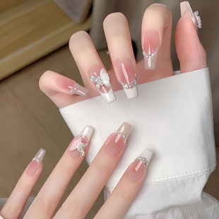Wear Armor Mid-length Blush Armor High-end Summer White Handmade Manicure Pieces Rhinestone Butterfly French Fake Nails
