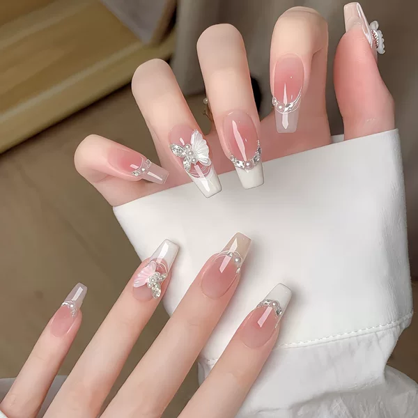 Wear Armor Mid-length Blush Armor High-end Summer White Handmade Manicure Pieces Rhinestone Butterfly French Fake Nails