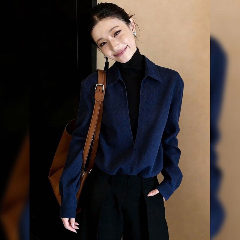 Korean Style Casual Fashion Versatile Design Fake Two-Piece Blue Shirt for Women 2026 Early Spring New Slim Fit Top Trendy