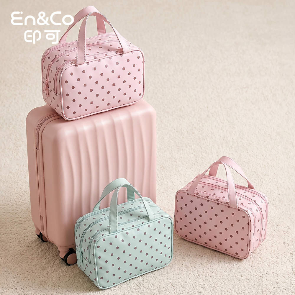 Simple polka dot three-layer makeup bag, with compartments for skincare products and cosmetics, a travel toiletry bag, and a business trip organizer