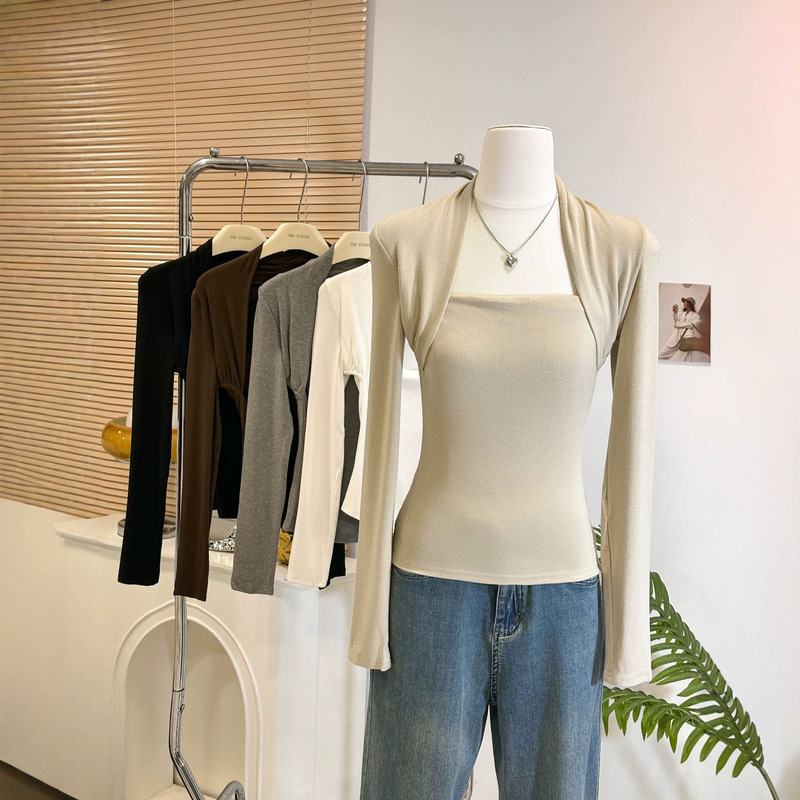 Stylish solid color slim-fit square-neck T-shirt for women, new Korean style, waist-cinching, faux two-piece long-sleeve base shirt 6125