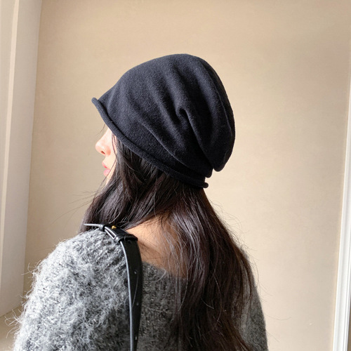 Beanie for girls, new autumn fashion brand, rolled brim, puffy beanie, head-to-toe knitting hat, thin scarf beanie, men's cold hat