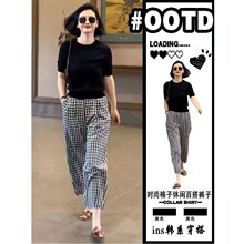 黑白格子休闲裤洋气韩版夏季新款潮流网红胖mm显瘦哈伦九分