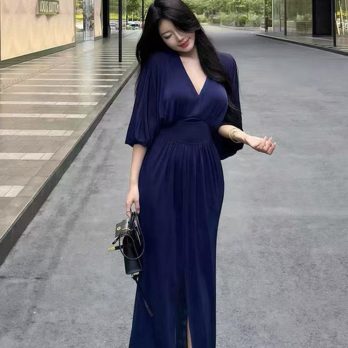 名媛气质时尚御姐蓬蓬袖V领连衣裙收腰开叉过膝裙子简约包臀长裙|undefined