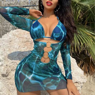 Bikini three-piece long sleeve blouse sexy multi-color sexy sunscreen split European and American triangle AliExpress Amazon