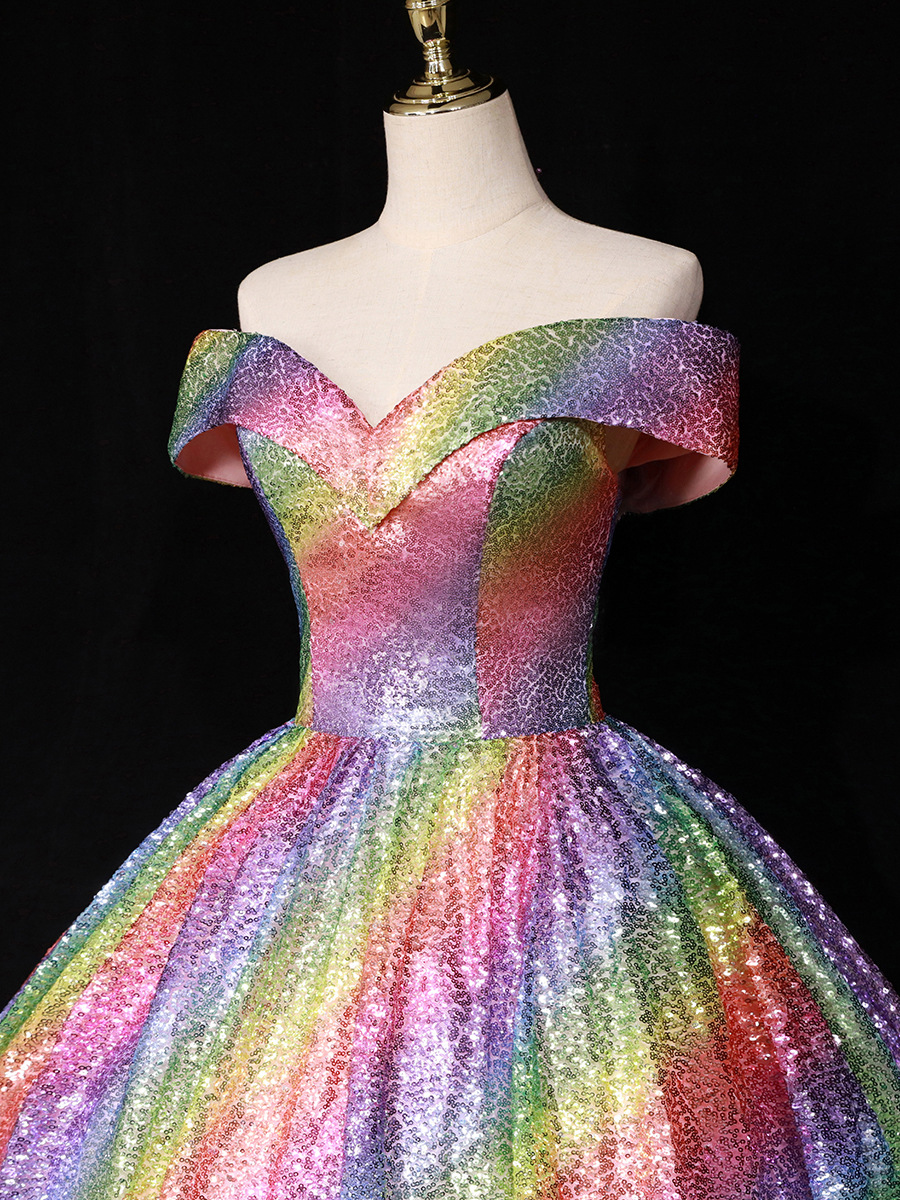 Damenbekleidung Braut verträumtes buntes Paillettenball-Performance-Kostüm mit einer Schulter Hochzeitskleid_voghion.com