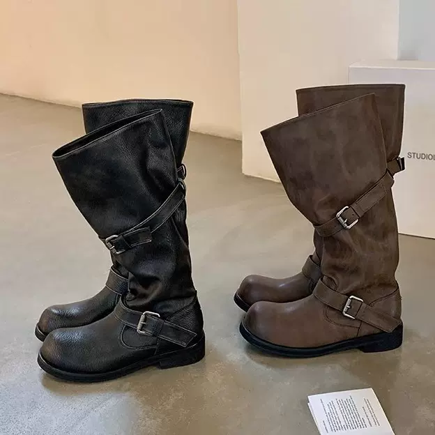 现货秒发！葡萄妈同款大筒围圆头擦色粗跟厚底裤管靴长筒骑士靴女