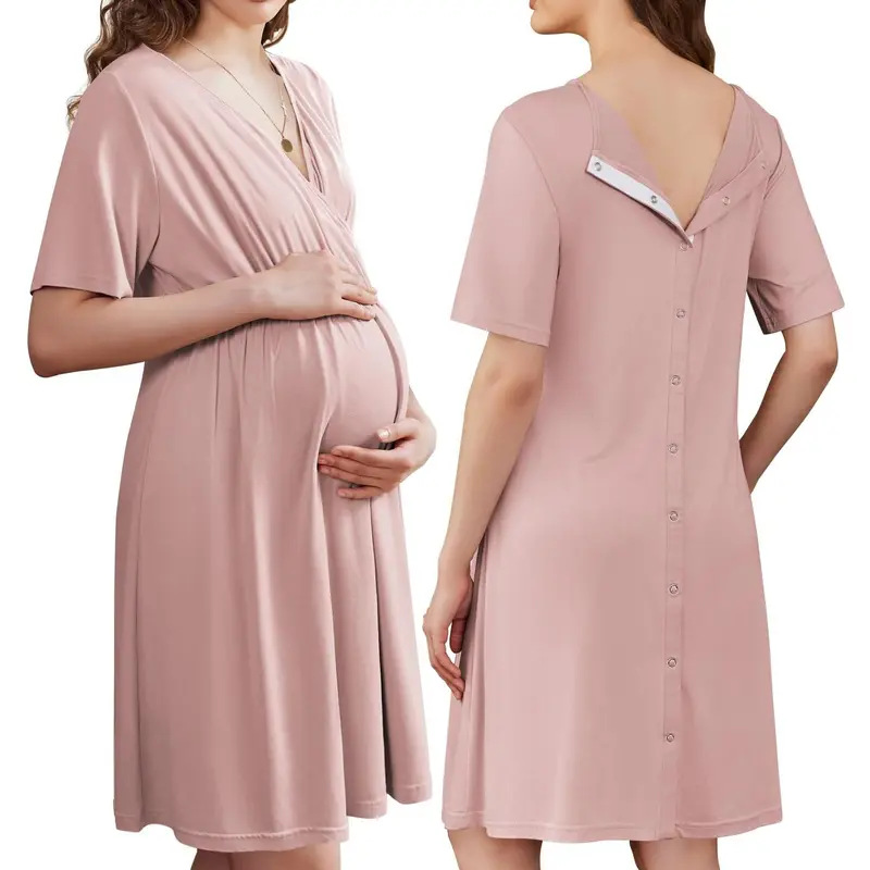 Stillkleid für Schwangere, Kurzarm, Weicher Stoff, V-Ausschnitt, Stillzugang und Einfacher Tragekomfort, Schwangerschafts- und Krankenhauskleid – Detail 2