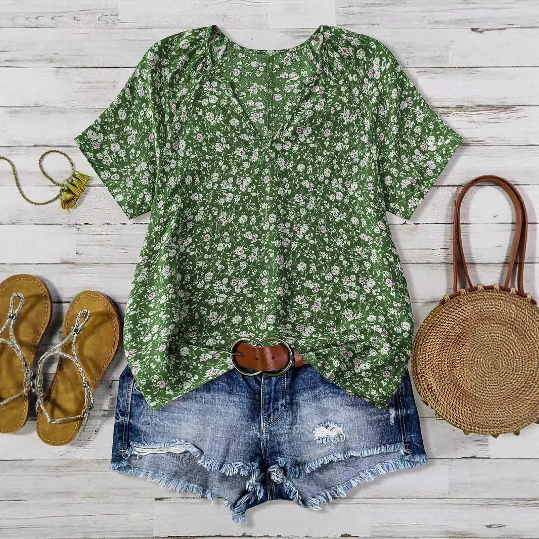 2025跨境欧美女士V领短袖绿色碎花休闲宽松上衣舒适合身夏季衬衣