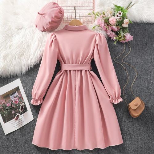New Women's and Older Children's Long-Sleeve Collared Solid Color Dress with Belt and Hat