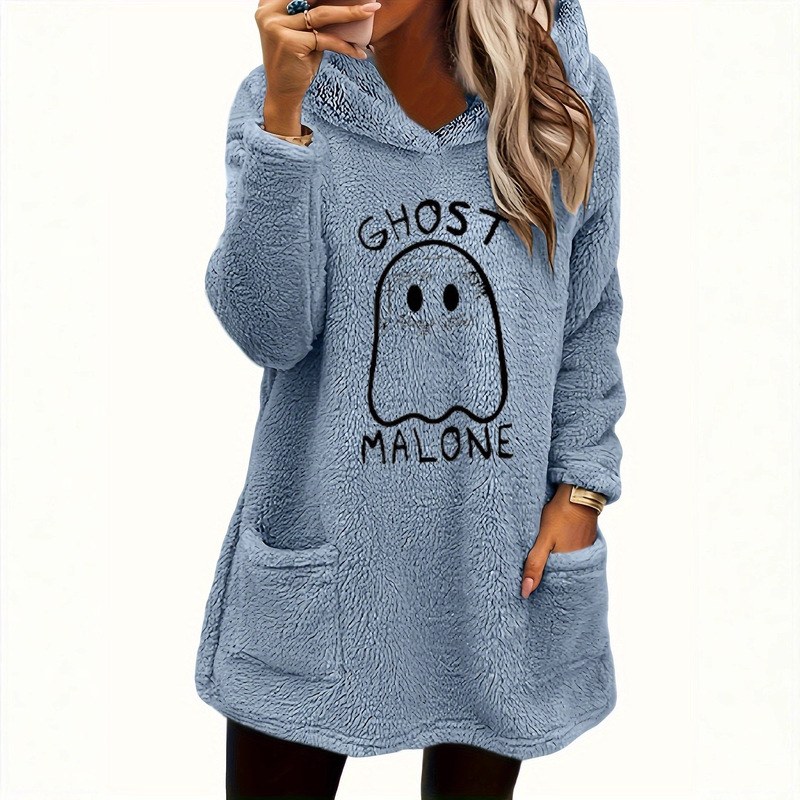 Cross-Border European and American Halloween Pattern Printed Teddy Bear Sports Hoodie, Double Pocket Plush Top