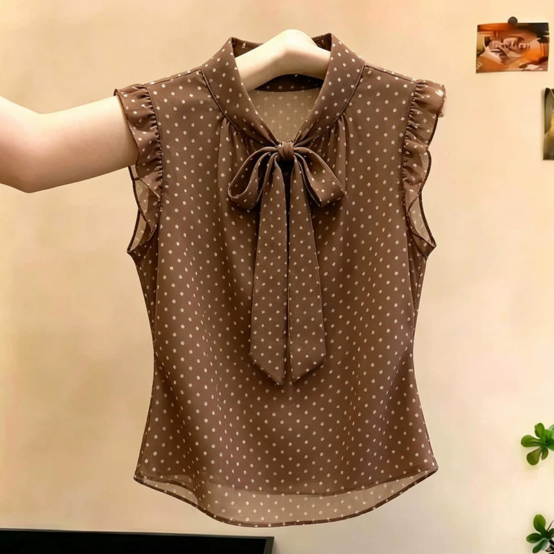 High-End Retro Polka-Dot Bow-Tie Shirt for Women, New Summer Style, French Style, Slimming, Versatile Top, Trendy