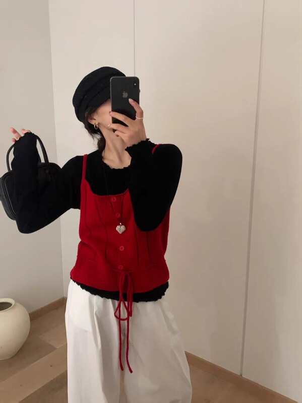 秋冬新款毛衣女纯欲甜美绑带收腰镂空针织吊带背心显瘦百搭马甲女|undefined