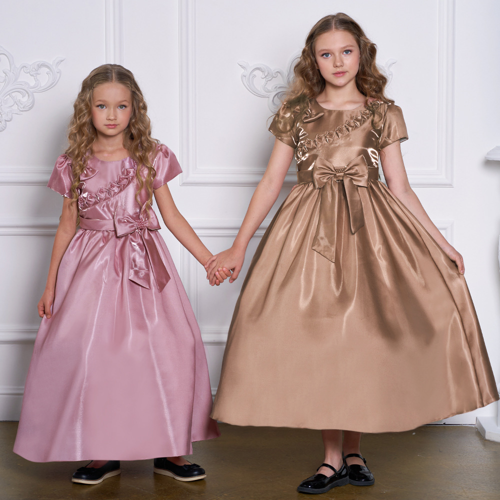 Vestido largo para niños manga corta niña vestido de princesa manga de soplo ropa para niños mediana y grande ropa para niños ropa de rendimiento para niños