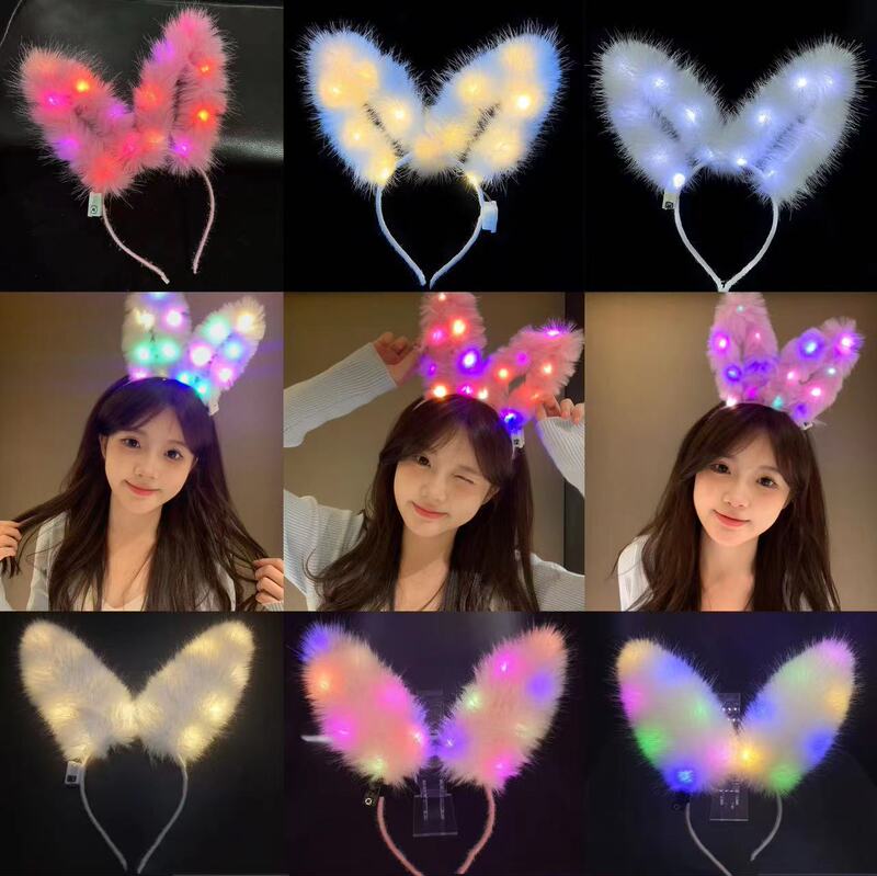 Music performance bar festival glitter feather headdress plush with lamp rabbit ear headband company party party headdress Music performance bar festival glitter feather headdress plush with lamp rabbit ear headband company party party headdress