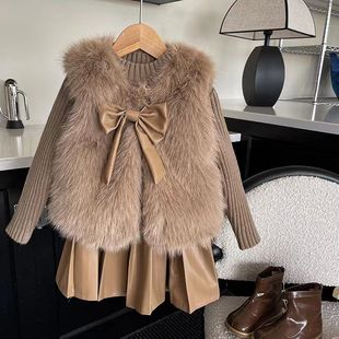 Girls' Autumn and Winter Vest Set: Faux Fur Vest with Pleated Skirt and Thick Sweater Three-Piece Set, Thickened Vest Set