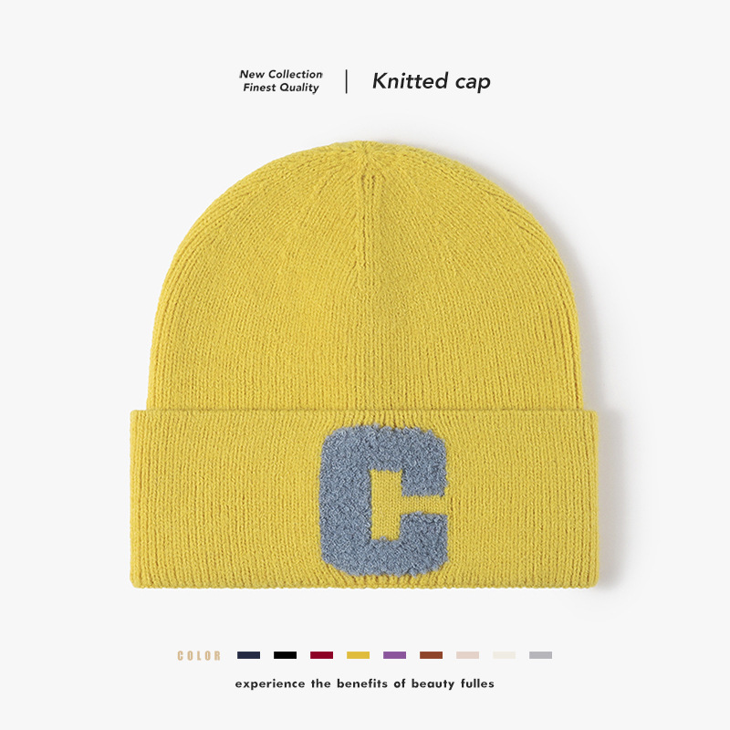 Autumn and Winter Women's Alphabet Towel Embroidered Warm Brimless Wool Hat Fashionable Outdoor Thickened Ear Protector Knitted Hat_voghion.com