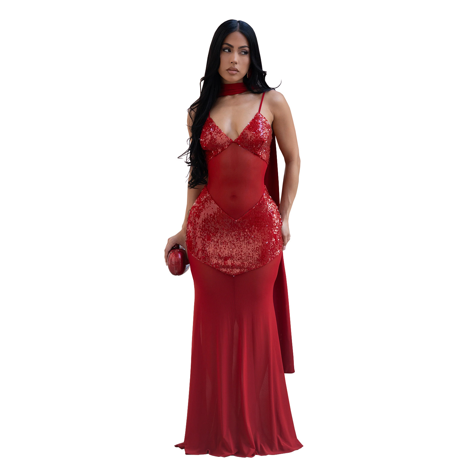 C7647 cross-border AliExpress Amazon Europa y América moda de mujer sexy tela de malla collar v vestido de cuentas