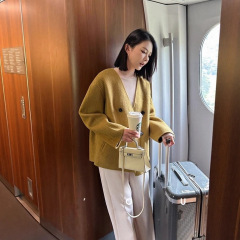 2025秋冬新款全羊毛大衣深V领松弛利落双排扣双面呢外套女装上衣