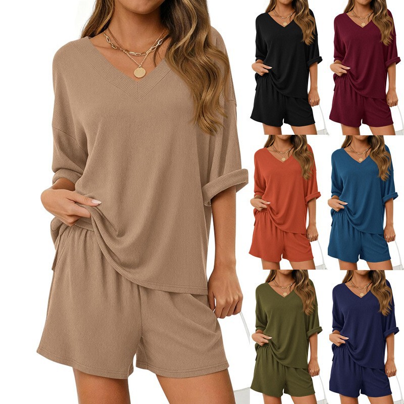2026 European and American Amazon Two-Piece Set V-Neck Half-Sleeved Top and Shorts Casual Suit Summer Travel Beach Wear for Women