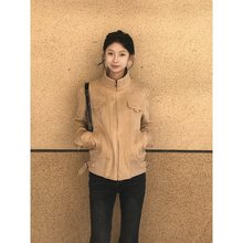 MoneyJar/陳钱罐 复古卡其色麂皮绒机车夹克女2024新款美式短外套