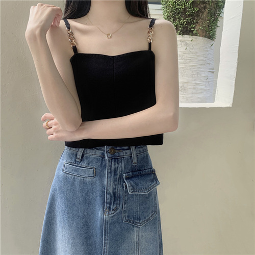 Black chain knitted camisole women's outer wear  new summer Korean style versatile sleeveless short top