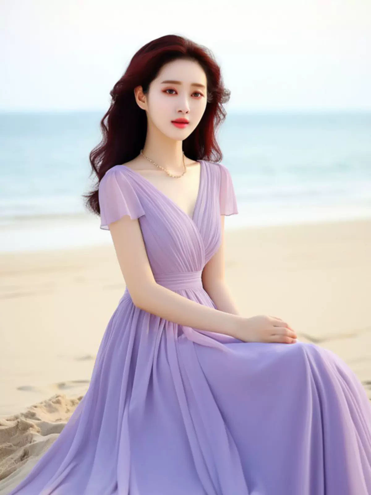 Váy dài thắt eo tay ngắn màu tím thanh lịch nữ tính — Màu tím